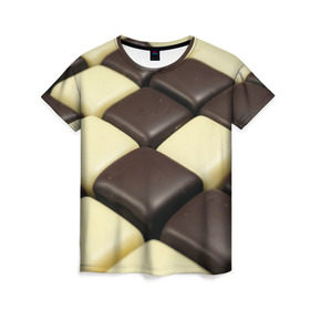 Женская футболка 3D с принтом Шоколадные конфеты в Петрозаводске, 100% полиэфир ( синтетическое хлопкоподобное полотно) | прямой крой, круглый вырез горловины, длина до линии бедер | десерт | еда | конфеты | сладкое | структуры | шахматы | шоколад