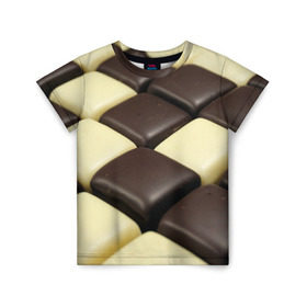 Детская футболка 3D с принтом Шоколадные конфеты в Петрозаводске, 100% гипоаллергенный полиэфир | прямой крой, круглый вырез горловины, длина до линии бедер, чуть спущенное плечо, ткань немного тянется | Тематика изображения на принте: десерт | еда | конфеты | сладкое | структуры | шахматы | шоколад