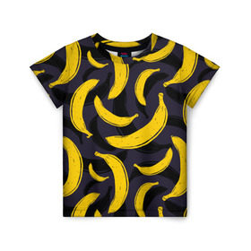 Детская футболка 3D с принтом Бананы в Петрозаводске, 100% гипоаллергенный полиэфир | прямой крой, круглый вырез горловины, длина до линии бедер, чуть спущенное плечо, ткань немного тянется | Тематика изображения на принте: bananas | food. vegan | fruit | yellow | бананы | веган | еда | желтый | фрукты