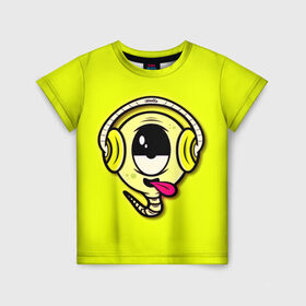 Детская футболка 3D с принтом Музыкальный червячок в Петрозаводске, 100% гипоаллергенный полиэфир | прямой крой, круглый вырез горловины, длина до линии бедер, чуть спущенное плечо, ткань немного тянется | 3d | другие | желтый | картинка | минимализм | музыка | наушники | прикол | прикольные | смешно | смешные | цветные | червяк | язык | яркие