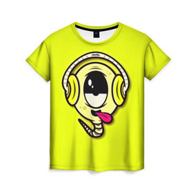 Женская футболка 3D с принтом Музыкальный червячок в Петрозаводске, 100% полиэфир ( синтетическое хлопкоподобное полотно) | прямой крой, круглый вырез горловины, длина до линии бедер | 3d | другие | желтый | картинка | минимализм | музыка | наушники | прикол | прикольные | смешно | смешные | цветные | червяк | язык | яркие