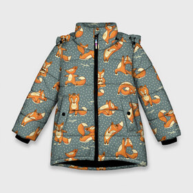 Зимняя куртка для девочек 3D с принтом Foxes yoga в Петрозаводске, ткань верха — 100% полиэстер; подклад — 100% полиэстер, утеплитель — 100% полиэстер. | длина ниже бедра, удлиненная спинка, воротник стойка и отстегивающийся капюшон. Есть боковые карманы с листочкой на кнопках, утяжки по низу изделия и внутренний карман на молнии. 

Предусмотрены светоотражающий принт на спинке, радужный светоотражающий элемент на пуллере молнии и на резинке для утяжки. | Тематика изображения на принте: fitness | fox | yoga | йога | лис | лиса | лисенок | фитнесс