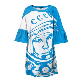 Детское платье 3D с принтом Гагарин 1 в Петрозаводске, 100% полиэстер | прямой силуэт, чуть расширенный к низу. Круглая горловина, на рукавах — воланы | Тематика изображения на принте: гагарин | день космонавтики | звезды | космос
