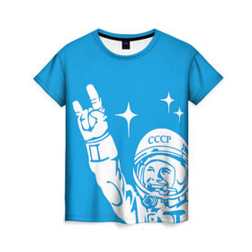 Женская футболка 3D с принтом Гагарин 2 в Петрозаводске, 100% полиэфир ( синтетическое хлопкоподобное полотно) | прямой крой, круглый вырез горловины, длина до линии бедер | гагарин | день космонавтики | звезды | космос