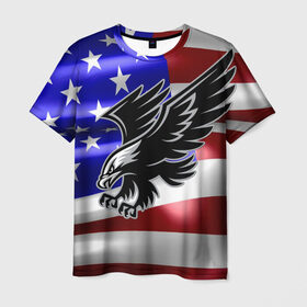 Мужская футболка 3D с принтом Флаг США с орлом в Петрозаводске, 100% полиэфир | прямой крой, круглый вырез горловины, длина до линии бедер | usa | америка | белоголовый | герб | государство | доллар | дядя сэм | звездно полосатый флаг | лысый | нато | оон | орел | птица | свобода | символ | соединённые штаты америки | страна | сша | штат