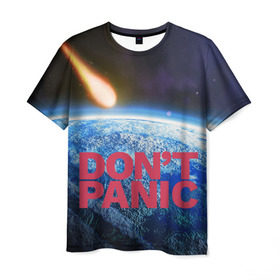 Мужская футболка 3D с принтом Без паники, метеорит в Петрозаводске, 100% полиэфир | прямой крой, круглый вырез горловины, длина до линии бедер | do not panic | dont panic | апокалипсис | без паники | взрыв | гибель | земля | классная | комета | конец света | космос | крутая | метеорит | не надо | прикол | прикольная надпись | ужас
