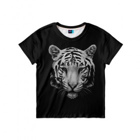 Детская футболка 3D с принтом Тигр в Петрозаводске, 100% гипоаллергенный полиэфир | прямой крой, круглый вырез горловины, длина до линии бедер, чуть спущенное плечо, ткань немного тянется | Тематика изображения на принте: белый тигр | кошка | тигр