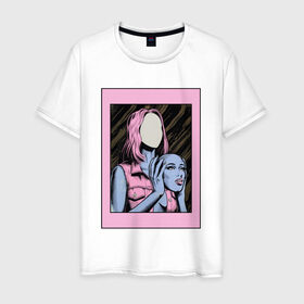 Мужская футболка хлопок с принтом Без лица в Петрозаводске, 100% хлопок | прямой крой, круглый вырез горловины, длина до линии бедер, слегка спущенное плечо. | без лица | девушка | лицо в руках | розовые волосы