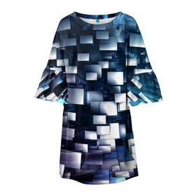 Детское платье 3D с принтом 3D куб в Петрозаводске, 100% полиэстер | прямой силуэт, чуть расширенный к низу. Круглая горловина, на рукавах — воланы | абстракция | геометрия | квадраты | металлический | синие | стальные | текстура | фигуры