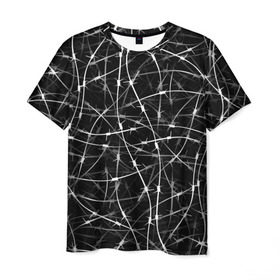 Мужская футболка 3D с принтом Колючая проволка в Петрозаводске, 100% полиэфир | прямой крой, круглый вырез горловины, длина до линии бедер | белый | гранж | забор | колючка | ограда | паттерн | черно белый | черный | шипы