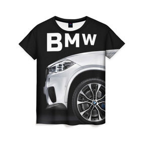 Женская футболка 3D с принтом BMW белая в Петрозаводске, 100% полиэфир ( синтетическое хлопкоподобное полотно) | прямой крой, круглый вырез горловины, длина до линии бедер | bmw | x3 x4 x5 x6 x7 x8 | авто | автомобиль | блатная | бмв | бумер | бэха | иномарка | концерн | красивая | крутая | марка немецкая | машина | пацанский таз | прикольная | тачила | тачка