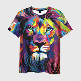 Мужская футболка 3D с принтом Красочный лев в Петрозаводске, 100% полиэфир | прямой крой, круглый вырез горловины, длина до линии бедер | Тематика изображения на принте: краски | красочный лев | рисунок | узор
