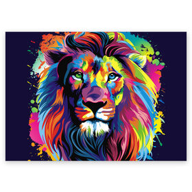 Поздравительная открытка с принтом Красочный лев в Петрозаводске, 100% бумага | плотность бумаги 280 г/м2, матовая, на обратной стороне линовка и место для марки
 | краски | красочный лев | рисунок | узор