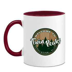 Кружка двухцветная с принтом Twin Peaks в Петрозаводске, керамика | объем — 330 мл, диаметр — 80 мм. Цветная ручка и кайма сверху, в некоторых цветах — вся внутренняя часть | twin peaks твин пикс | девид линч | лес | лора палмер | сова | туман