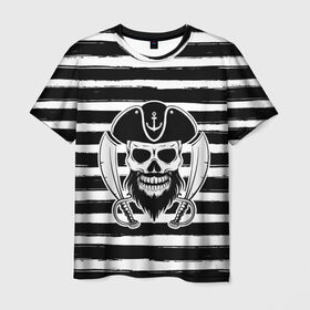 Мужская футболка 3D с принтом Тельняшка в Петрозаводске, 100% полиэфир | прямой крой, круглый вырез горловины, длина до линии бедер | геометрия | линии | море | океан | оружие | пират | полосы | тельняшка | череп | черно белый | шляпа | якорь