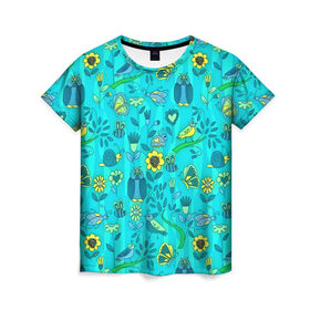 Женская футболка 3D с принтом Flowers and birds в Петрозаводске, 100% полиэфир ( синтетическое хлопкоподобное полотно) | прямой крой, круглый вырез горловины, длина до линии бедер | 3d | бабочки | другие | насекомые | прикольные | птицы | растения | сова | текстуры | узор | цветные | цветы | яркие
