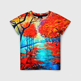 Детская футболка 3D с принтом Autumn в Петрозаводске, 100% гипоаллергенный полиэфир | прямой крой, круглый вырез горловины, длина до линии бедер, чуть спущенное плечо, ткань немного тянется | Тематика изображения на принте: 3d | вода | деревья | другие | желтый | живопись | картинка | краски | листья | осень | пейзаж | прикольные | природа | река | рисунок | яркие