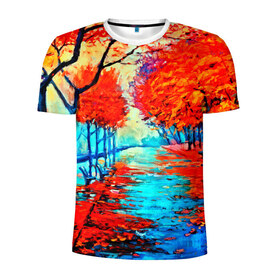 Мужская футболка 3D спортивная с принтом Autumn в Петрозаводске, 100% полиэстер с улучшенными характеристиками | приталенный силуэт, круглая горловина, широкие плечи, сужается к линии бедра | Тематика изображения на принте: 3d | вода | деревья | другие | желтый | живопись | картинка | краски | листья | осень | пейзаж | прикольные | природа | река | рисунок | яркие