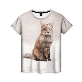 Женская футболка 3D с принтом Snow в Петрозаводске, 100% полиэфир ( синтетическое хлопкоподобное полотно) | прямой крой, круглый вырез горловины, длина до линии бедер | fox | red | лиса | лисенок | рыжая