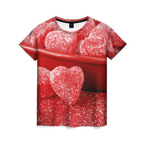 Женская футболка 3D с принтом Мармеладные сердца в Петрозаводске, 100% полиэфир ( синтетическое хлопкоподобное полотно) | прямой крой, круглый вырез горловины, длина до линии бедер | еда | конфеты | красный | мармелад | сердечки | сладости