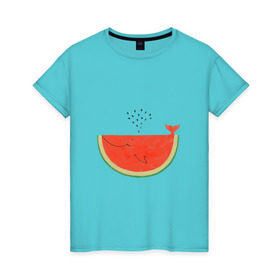Женская футболка хлопок с принтом Кит Арбуз в Петрозаводске, 100% хлопок | прямой крой, круглый вырез горловины, длина до линии бедер, слегка спущенное плечо | арбуз | иллюзия | кит | лето | море | океан | принт | рыба | семечки | фонтан | фрукты | ягоды