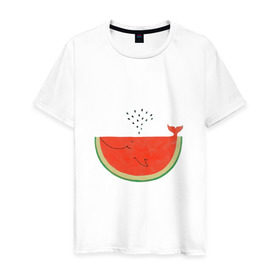 Мужская футболка хлопок с принтом Кит Арбуз в Петрозаводске, 100% хлопок | прямой крой, круглый вырез горловины, длина до линии бедер, слегка спущенное плечо. | арбуз | иллюзия | кит | лето | море | океан | принт | рыба | семечки | фонтан | фрукты | ягоды
