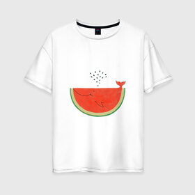 Женская футболка хлопок Oversize с принтом Кит Арбуз в Петрозаводске, 100% хлопок | свободный крой, круглый ворот, спущенный рукав, длина до линии бедер
 | арбуз | иллюзия | кит | лето | море | океан | принт | рыба | семечки | фонтан | фрукты | ягоды