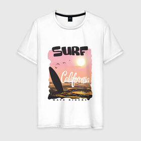 Мужская футболка хлопок с принтом Surf California в Петрозаводске, 100% хлопок | прямой крой, круглый вырез горловины, длина до линии бедер, слегка спущенное плечо. | 
