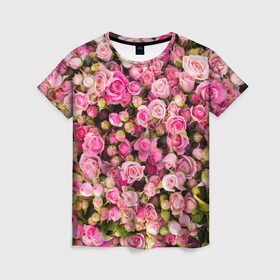 Женская футболка 3D с принтом Розовый рай в Петрозаводске, 100% полиэфир ( синтетическое хлопкоподобное полотно) | прямой крой, круглый вырез горловины, длина до линии бедер | бутон | лепестки | роза | розовый | розочка | цветок | цветы