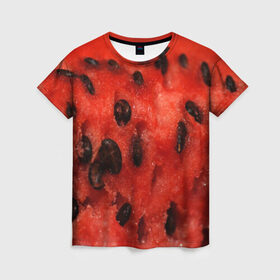 Женская футболка 3D с принтом Арбуз 3 в Петрозаводске, 100% полиэфир ( синтетическое хлопкоподобное полотно) | прямой крой, круглый вырез горловины, длина до линии бедер | арбуз | еда | косточки | красный | растения | фрукты | ягода