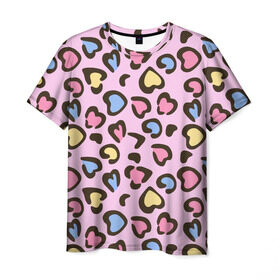 Мужская футболка 3D с принтом Леопардовые сердечки в Петрозаводске, 100% полиэфир | прямой крой, круглый вырез горловины, длина до линии бедер | животные | леопард | леопардовый | принт | розовый | сердечко | сердце | текстура