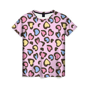Женская футболка 3D с принтом Леопардовые сердечки в Петрозаводске, 100% полиэфир ( синтетическое хлопкоподобное полотно) | прямой крой, круглый вырез горловины, длина до линии бедер | животные | леопард | леопардовый | принт | розовый | сердечко | сердце | текстура
