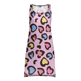 Платье-майка 3D с принтом Леопардовые сердечки в Петрозаводске, 100% полиэстер | полуприлегающий силуэт, широкие бретели, круглый вырез горловины, удлиненный подол сзади. | Тематика изображения на принте: животные | леопард | леопардовый | принт | розовый | сердечко | сердце | текстура