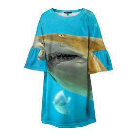 Детское платье 3D с принтом Тигровая акула в Петрозаводске, 100% полиэстер | прямой силуэт, чуть расширенный к низу. Круглая горловина, на рукавах — воланы | голубое море | океан | рыба