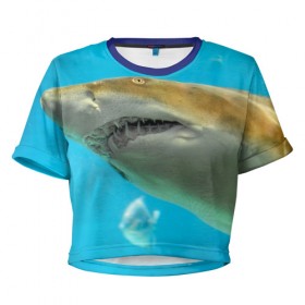 Женская футболка 3D укороченная с принтом Тигровая акула в Петрозаводске, 100% полиэстер | круглая горловина, длина футболки до линии талии, рукава с отворотами | голубое море | океан | рыба