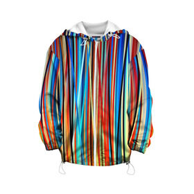 Детская куртка 3D с принтом Colored stripes в Петрозаводске, 100% полиэстер | застежка — молния, подол и капюшон оформлены резинкой с фиксаторами, по бокам — два кармана без застежек, один потайной карман на груди, плотность верхнего слоя — 90 г/м2; плотность флисового подклада — 260 г/м2 | Тематика изображения на принте: 3d | colored stripes | абстракция | другие | картинка | краски | линии | отблеск | полосы | прикольные | радуга | свет | цветные | яркие