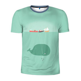 Мужская футболка 3D спортивная с принтом Кит с корабликами в Петрозаводске, 100% полиэстер с улучшенными характеристиками | приталенный силуэт, круглая горловина, широкие плечи, сужается к линии бедра | кит | корабли | лодки | море | океан | шарики | якорь | якоря