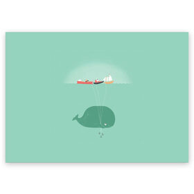 Поздравительная открытка с принтом Кит с корабликами в Петрозаводске, 100% бумага | плотность бумаги 280 г/м2, матовая, на обратной стороне линовка и место для марки
 | Тематика изображения на принте: кит | корабли | лодки | море | океан | шарики | якорь | якоря