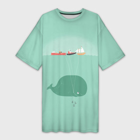Платье-футболка 3D с принтом Кит с корабликами в Петрозаводске,  |  | кит | корабли | лодки | море | океан | шарики | якорь | якоря