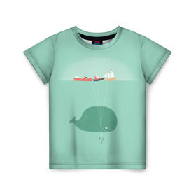 Детская футболка 3D с принтом Кит с корабликами в Петрозаводске, 100% гипоаллергенный полиэфир | прямой крой, круглый вырез горловины, длина до линии бедер, чуть спущенное плечо, ткань немного тянется | кит | корабли | лодки | море | океан | шарики | якорь | якоря