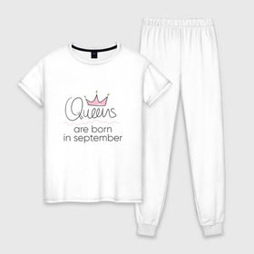 Женская пижама хлопок с принтом Королевы рождаются в сентябре в Петрозаводске, 100% хлопок | брюки и футболка прямого кроя, без карманов, на брюках мягкая резинка на поясе и по низу штанин | queen september