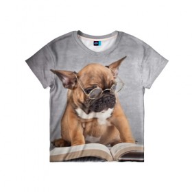 Детская футболка 3D с принтом Читает в Петрозаводске, 100% гипоаллергенный полиэфир | прямой крой, круглый вырез горловины, длина до линии бедер, чуть спущенное плечо, ткань немного тянется | Тематика изображения на принте: dog | мопс | пес | собака