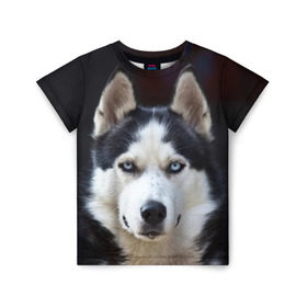 Детская футболка 3D с принтом Хаски в Петрозаводске, 100% гипоаллергенный полиэфир | прямой крой, круглый вырез горловины, длина до линии бедер, чуть спущенное плечо, ткань немного тянется | dog | лабрадор | мопс | пес | собака | такса | хаски | щеночек