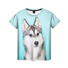 Женская футболка 3D с принтом Blue в Петрозаводске, 100% полиэфир ( синтетическое хлопкоподобное полотно) | прямой крой, круглый вырез горловины, длина до линии бедер | dog | бандит | пес | собака | хаски | хаски бандит | щеночек