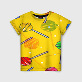 Детская футболка 3D с принтом Леденец в Петрозаводске, 100% гипоаллергенный полиэфир | прямой крой, круглый вырез горловины, длина до линии бедер, чуть спущенное плечо, ткань немного тянется | Тематика изображения на принте: желтая | чупа чупс | яркая | ярт