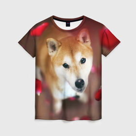 Женская футболка 3D с принтом Love в Петрозаводске, 100% полиэфир ( синтетическое хлопкоподобное полотно) | прямой крой, круглый вырез горловины, длина до линии бедер | dog | ину | пес | сиба | сиба ину | собака
