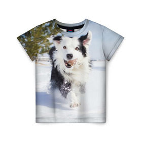 Детская футболка 3D с принтом Snow в Петрозаводске, 100% гипоаллергенный полиэфир | прямой крой, круглый вырез горловины, длина до линии бедер, чуть спущенное плечо, ткань немного тянется | Тематика изображения на принте: dog | бордер | бордер колли | колли | пес | собака