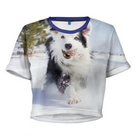 Женская футболка 3D укороченная с принтом Snow в Петрозаводске, 100% полиэстер | круглая горловина, длина футболки до линии талии, рукава с отворотами | Тематика изображения на принте: dog | бордер | бордер колли | колли | пес | собака