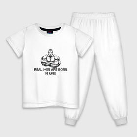 Детская пижама хлопок с принтом Настоящие мужчины рождаются в июне в Петрозаводске, 100% хлопок |  брюки и футболка прямого кроя, без карманов, на брюках мягкая резинка на поясе и по низу штанин
 | июнь