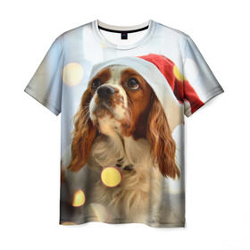 Мужская футболка 3D с принтом Рождество в Петрозаводске, 100% полиэфир | прямой крой, круглый вырез горловины, длина до линии бедер | Тематика изображения на принте: dog | кавалер кинг чарльз спаниель | новый год | пес | рождество | собака